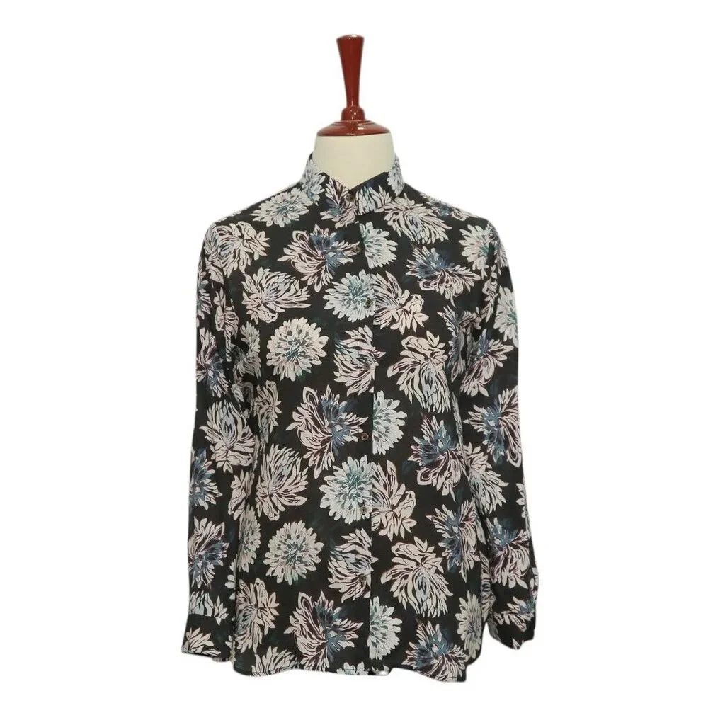 Womens Floral Shirt Black Pink Blue Blouse Button Up Dressy Top Medium Work - Picture 1 of 7